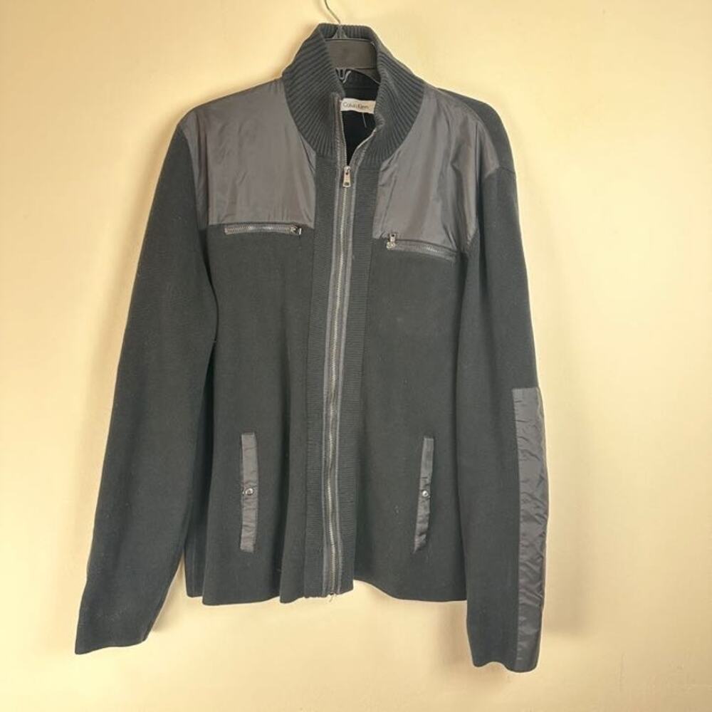 Calvin Klein Men's Black Gray Cotton Mock Neck Long Sleeve Full Zip Jacket Large
